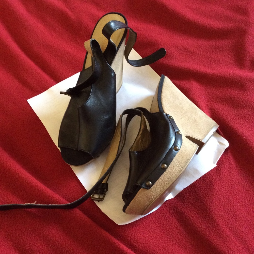 Black strappy black and tan peep toe wedges